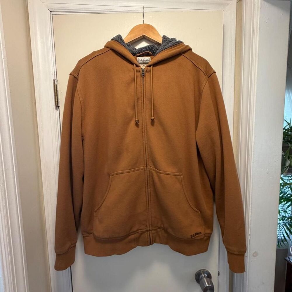 L.L.Bean brown zip up hoodie sherpa lining size medium relax comfort loungewear